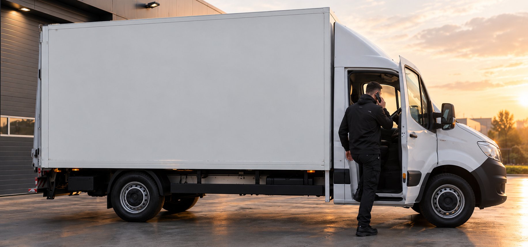 Witte bakwagen met gesloten laadbak; VAERFA-chauffeur stapt bellend in de cabine