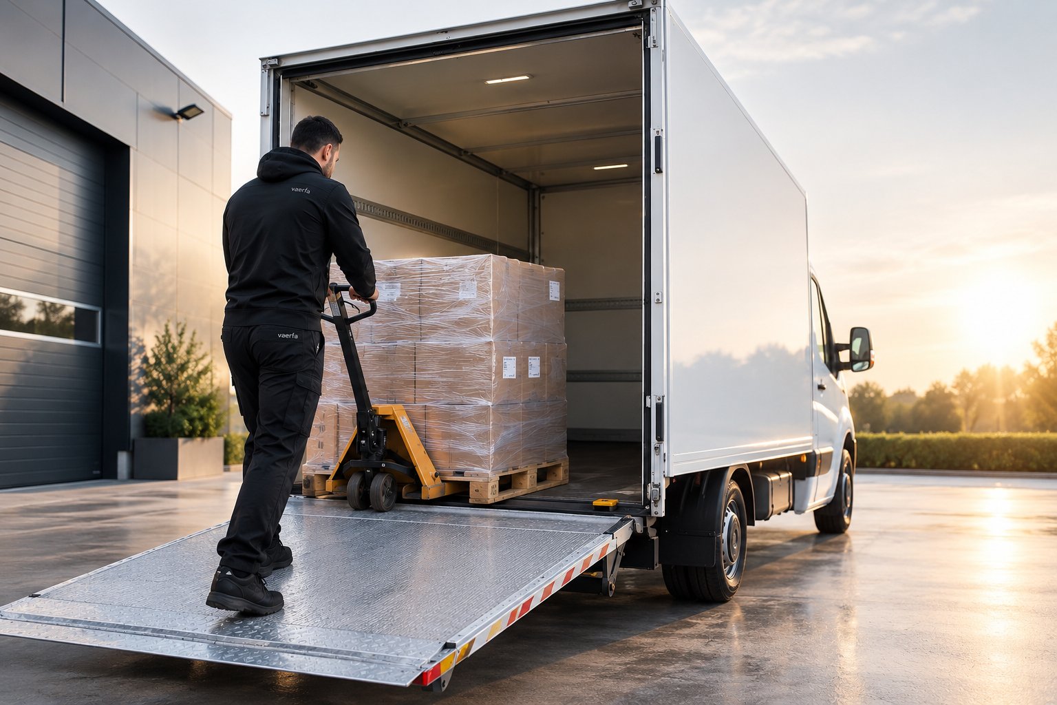 VAERFA-chauffeur rijdt met een pompwagen een pallet via de laadklep de witte bakwagen in